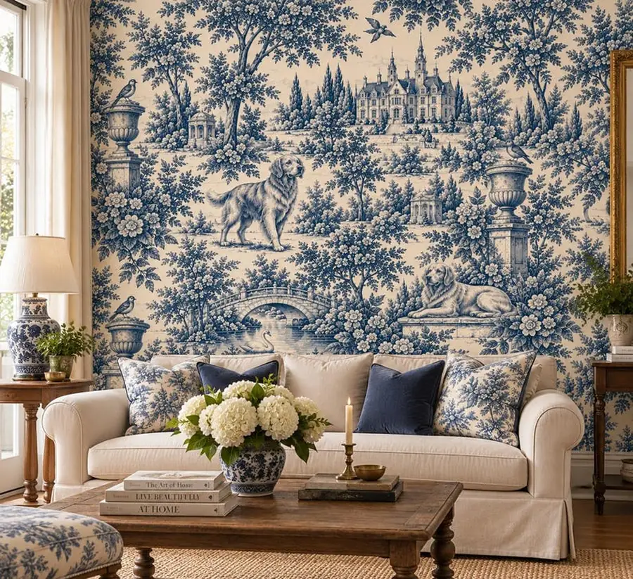 Custom Dog Toile Wallpaper from Photo, Personalized Pet Wallpaper, Blue Ivory English Manor Toile de Jouy