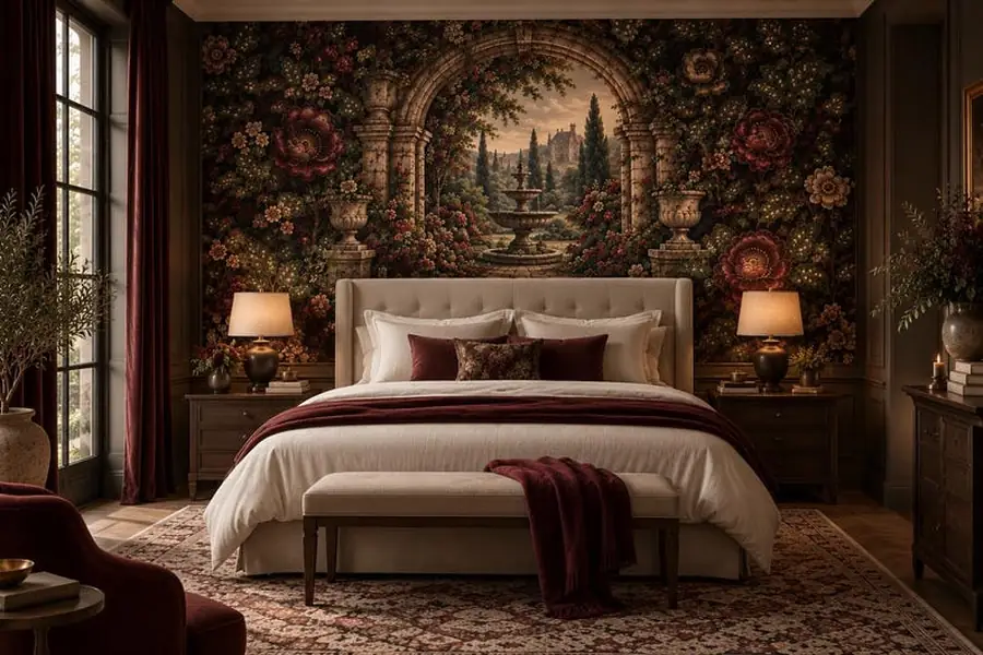 Dark Floral Wall Mural, Oxblood Secret Garden Wallpaper, Moody Botanical Landscape, Custom Size