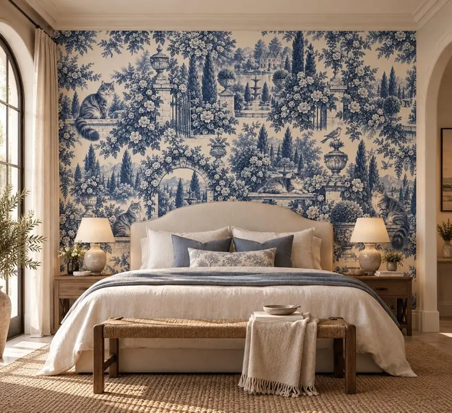 Custom Cat Toile Wallpaper from Photo, Personalized English Garden Toile
