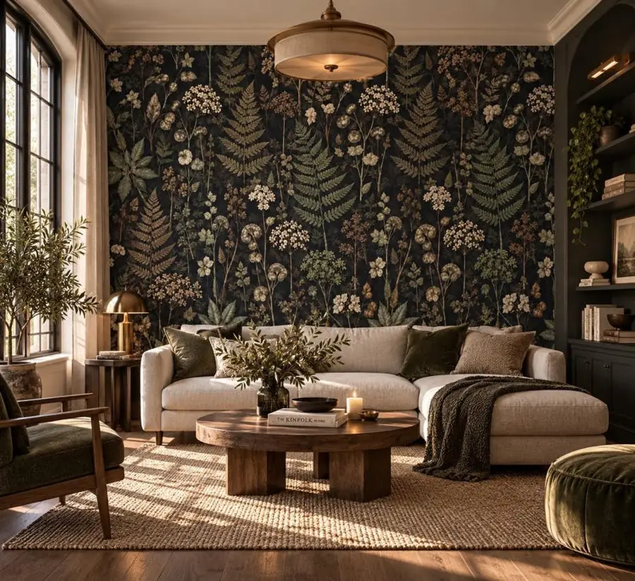 Dark Botanical Wallpaper, Vintage Herbarium Fern Pattern, Moody Victorian Library Wallcovering