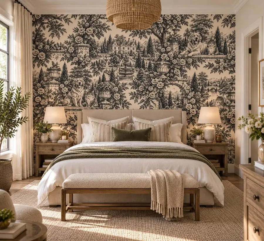 Custom Two Pet Toile Wallpaper, Dog and Cat from Photo, Personalized Charcoal English Manor Wallpaper