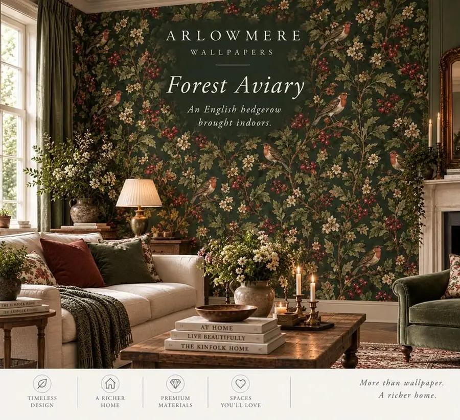 Forest Aviary Wallpaper, English Songbird Botanical Pattern, Deep Green Hedgerow Design