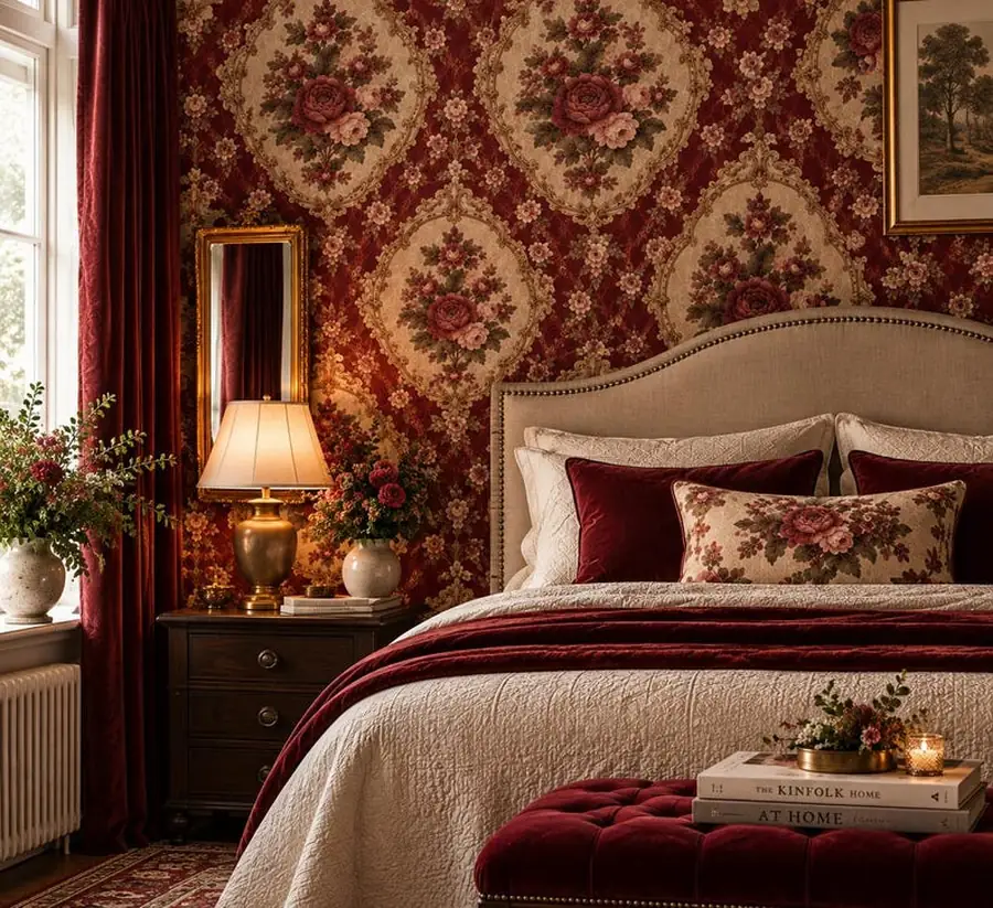 Red Rose Wallpaper, Crimson Medallion Floral Pattern, Burgundy English Heritage Wallcovering