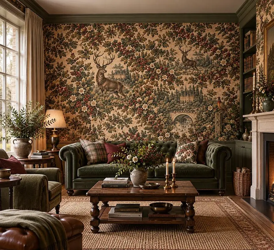 Stag Wallpaper, English Country Woodland Pattern, Deer and Hedgerow Botanical, Manor House Wallcovering