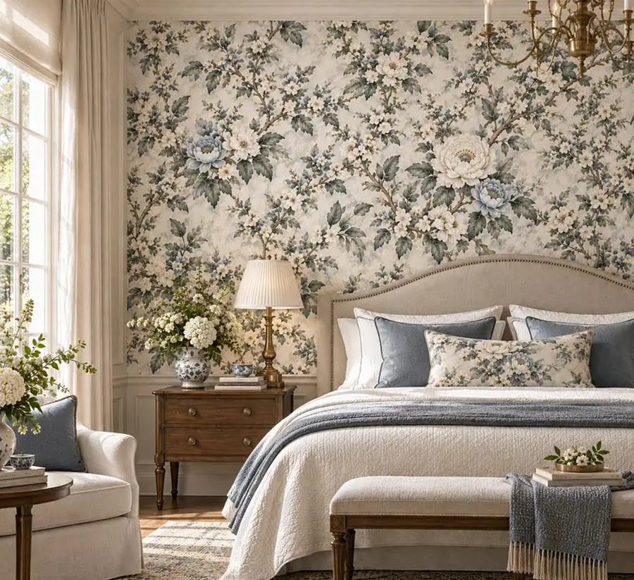 Blue Chinoiserie Wallpaper, Peony and Camellia Floral, Porcelain Blue Botanical Garden Wallcovering