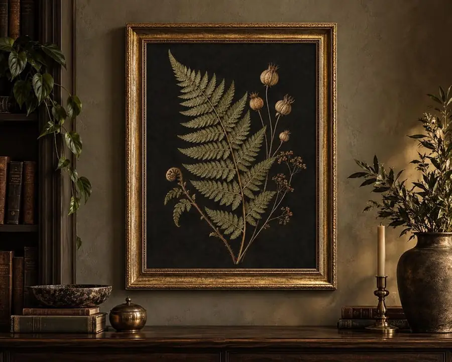 Dark Botanical Framed Print, Victorian Fern Herbarium Art, Vintage Pressed Plant Wall Art in Gold Frame