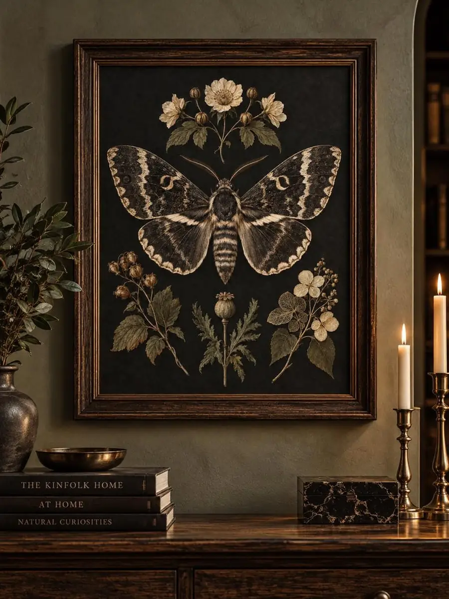 Moth Framed Print, Dark Botanical Entomology Art, Victorian Natural History Wall Art in Dark Wood
