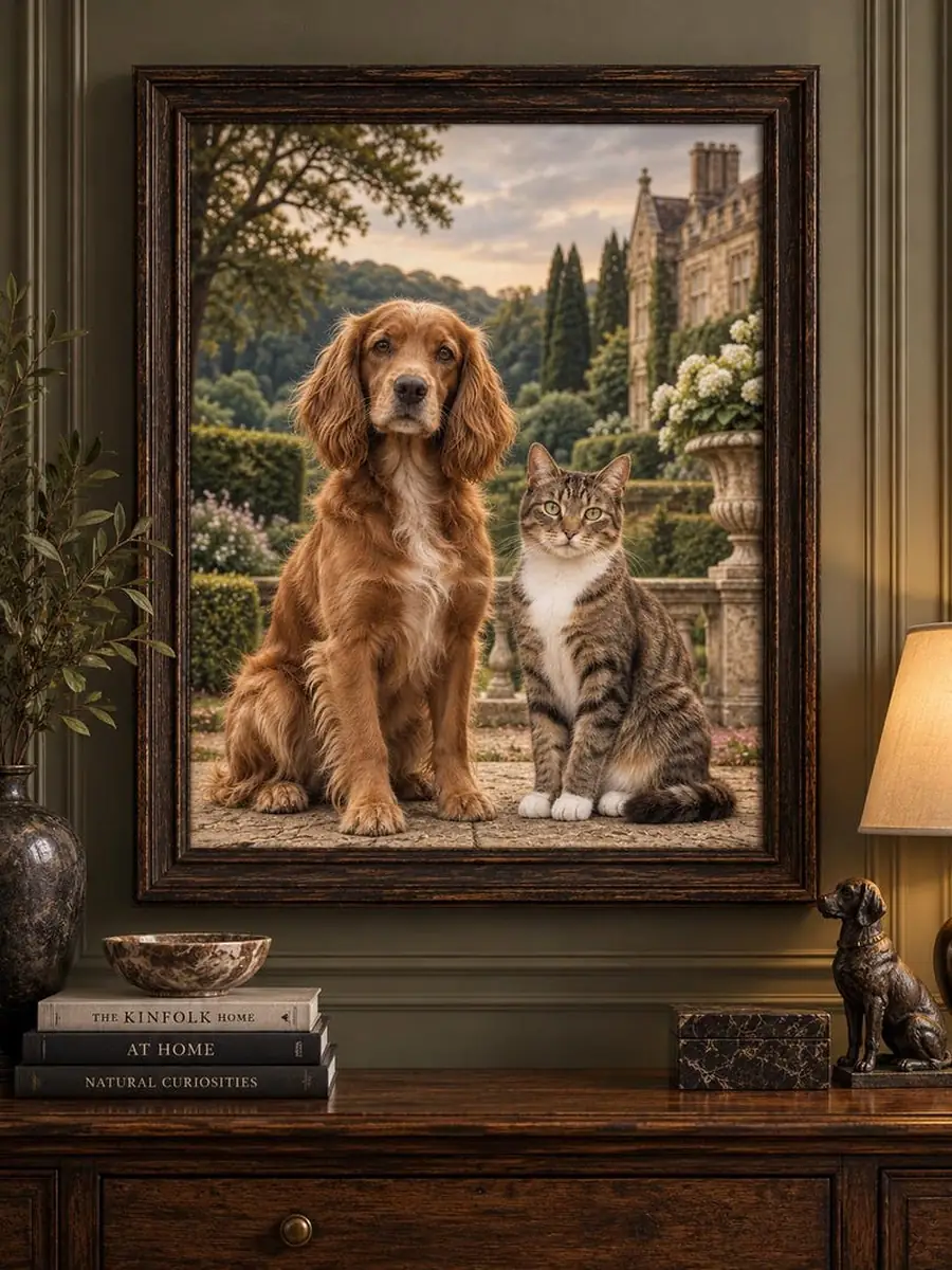 Custom Pet Portrait from Photo, Framed Dog or Cat Art, English Manor Garden Painting, Pet Memorial Gift