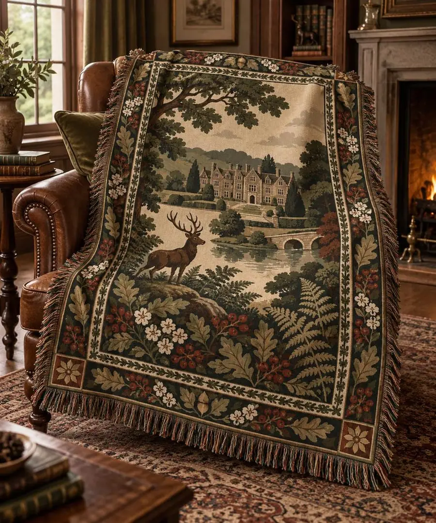 Stag Woven Throw Blanket, English Estate Jacquard Tapestry, 100% Cotton Lodge Blanket