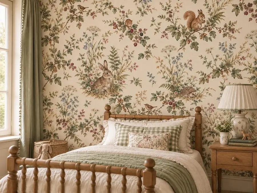 Woodland Nursery Wallpaper, Rabbit and Squirrel Storybook Pattern, Peel and Stick Wallpaper