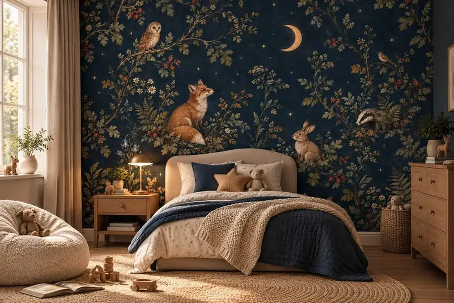 Moon and Stars Nursery Wallpaper, Celestial Woodland Fox Rabbit Owl, Peel and Stick Wallpaper