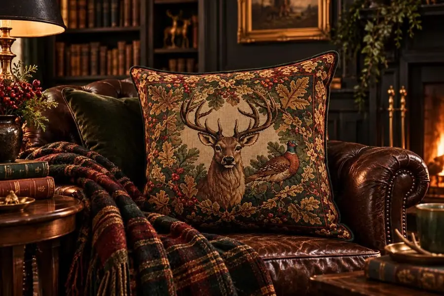 Stag Tapestry Pillow, Woven Deer Cushion, English Country Lodge Decor, Aubusson Style Throw Pillow