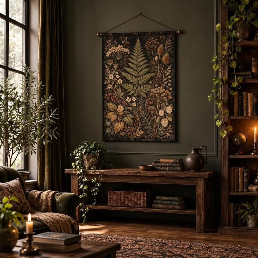 Dark Botanical Woven Tapestry, Victorian Fern Herbarium Wall Hanging, Moody Textile Wall Art