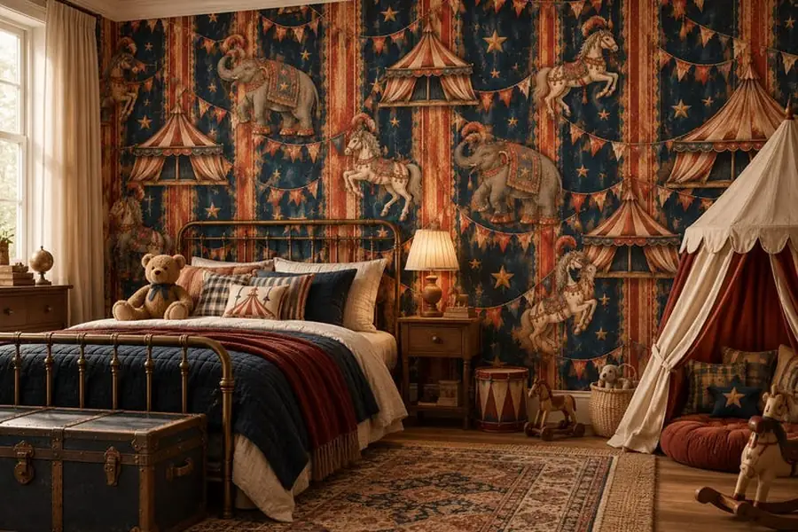 Vintage Circus Wallpaper, Carousel Horse and Elephant Nursery, Storybook Peel and Stick Wallpaper