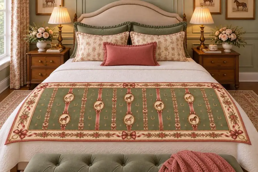 Equestrian Bed Runner, Quilted Sage Green Horse Pattern, English Country Bedroom Decor