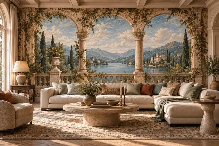 Italian Landscape Wall Mural, Grand Tour Loggia Wallpaper, Custom Size Panoramic Scenic Mural