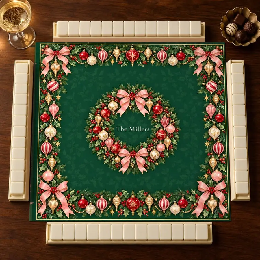 Christmas Mahjong Mat, Pink Bow Wreath and Vintage Ornaments, Personalized 31.5 or 20.9 Inch