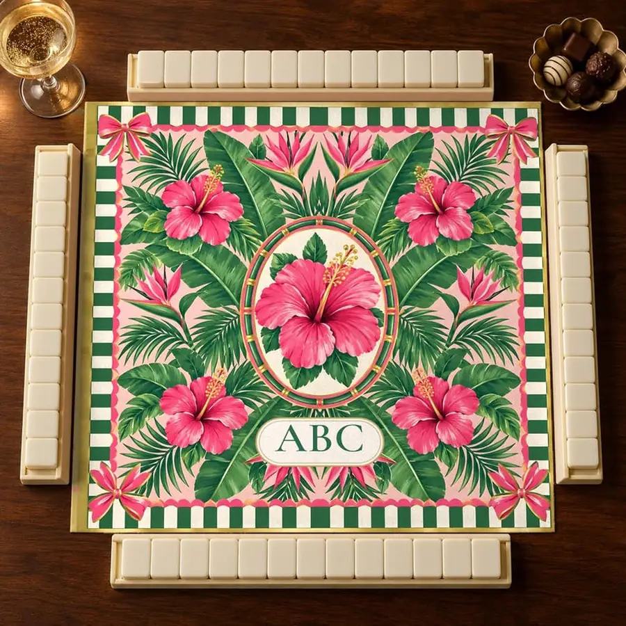 Personalized Mahjong Mat, Pink Green Monogram, 31.5 or 20.9 Inch Table Mat