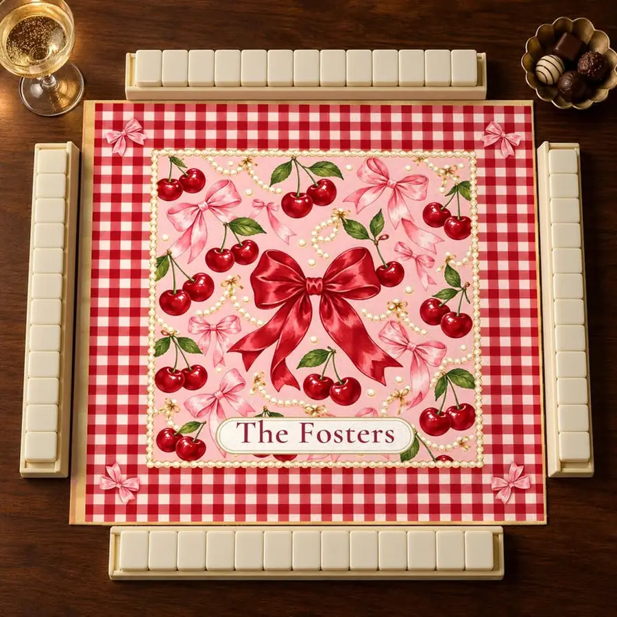 Pink Bow Mahjong Mat, Coquette Cherries and Pearls, Personalized 31.5 or 20.9 Inch