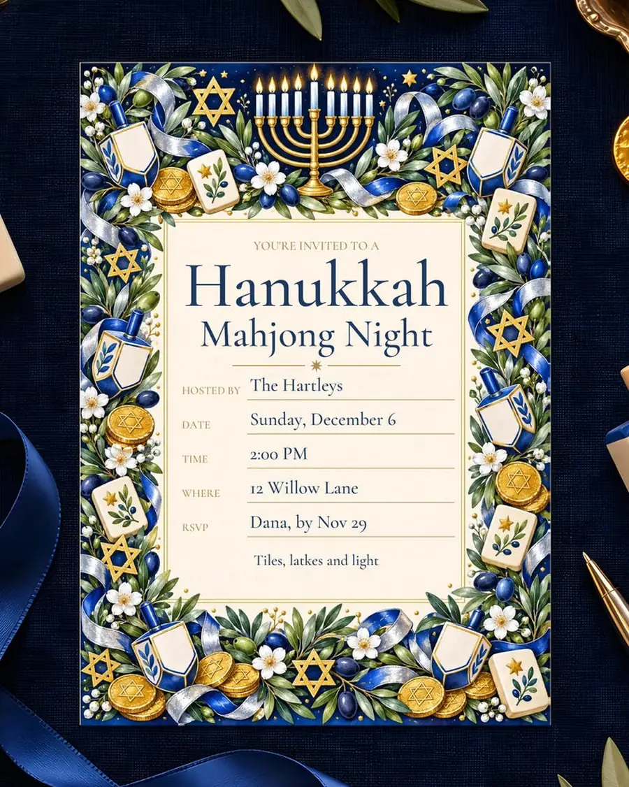Hanukkah Mahjong Party Kit, Fillable Invitation, Score Card, Place Cards, Instant Download PDF