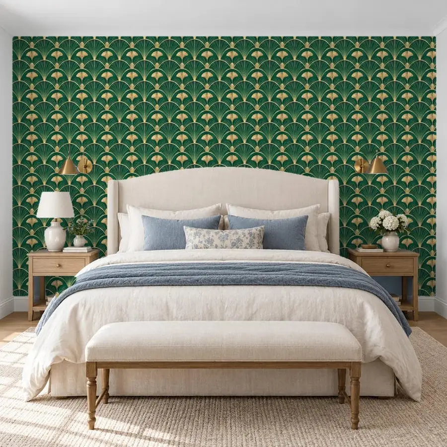 Art Deco Wallpaper, Emerald Green and Gold Ginkgo Fan, Peel and Stick or Traditional
