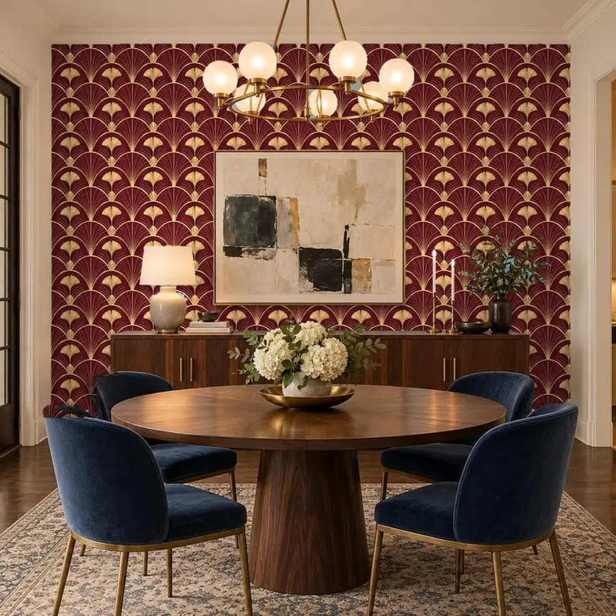 Art Deco Wallpaper, Burgundy Oxblood and Gold Ginkgo Fan, Peel and Stick or Traditional