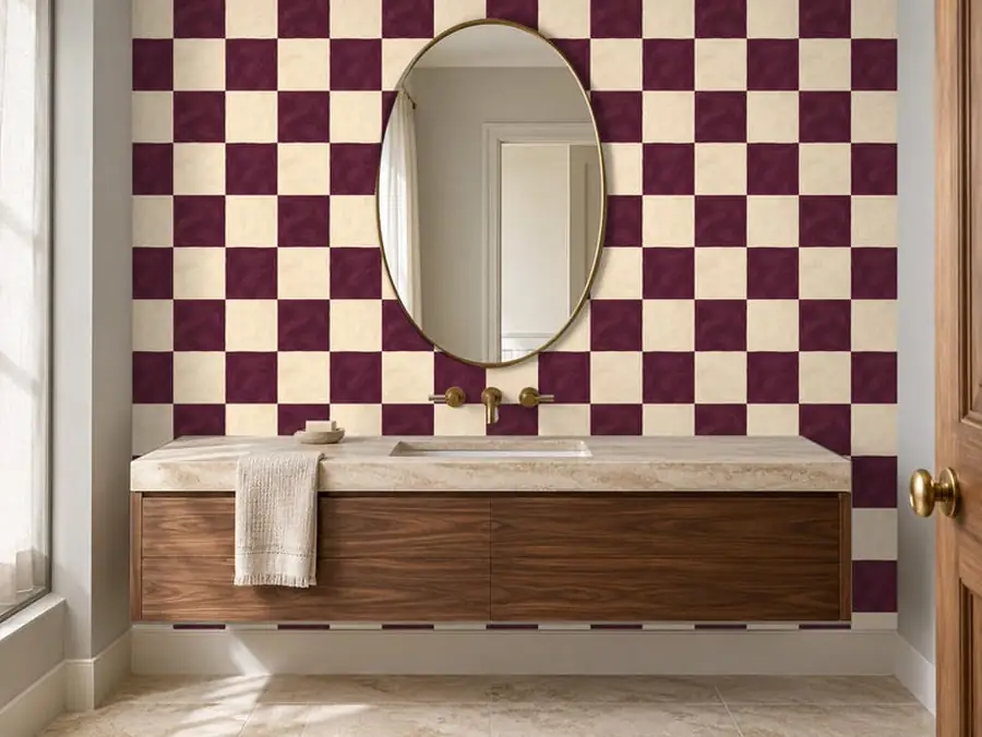 Plum Checkerboard Wallpaper, Aubergine and Cream Painted Check, Peel and Stick or Traditional, Kitchen Accent Wall