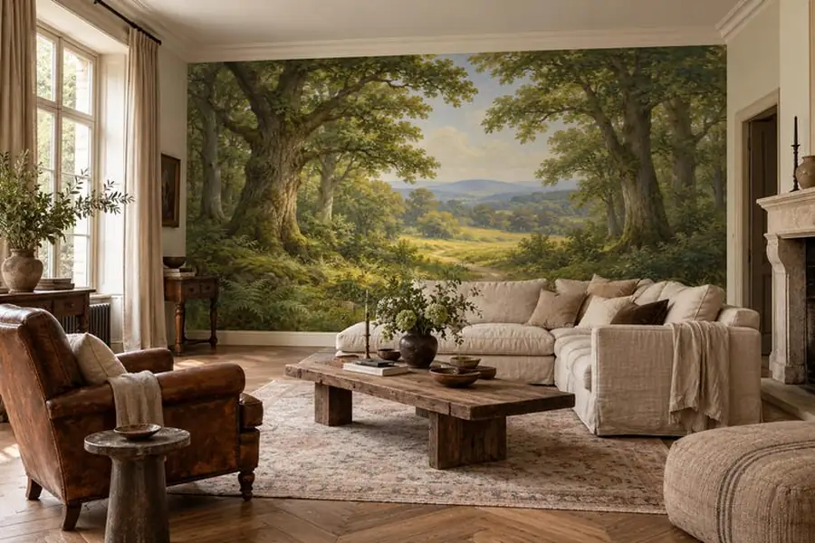 Vintage Forest Wall Mural, Old Oak Landscape Wallpaper, Peel and Stick or Traditional