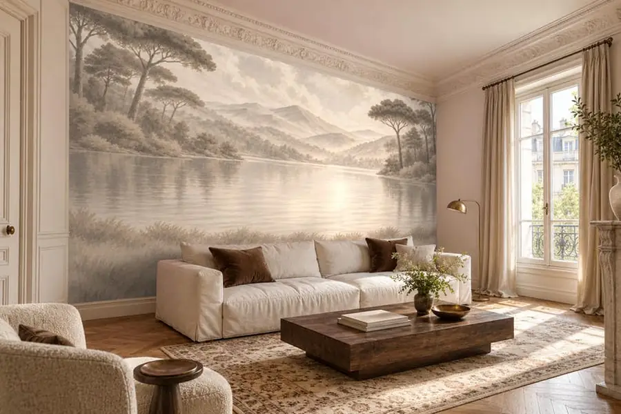 Misty Lake Wall Mural, Neutral Grisaille Landscape Wallpaper, Peel and Stick or Traditional