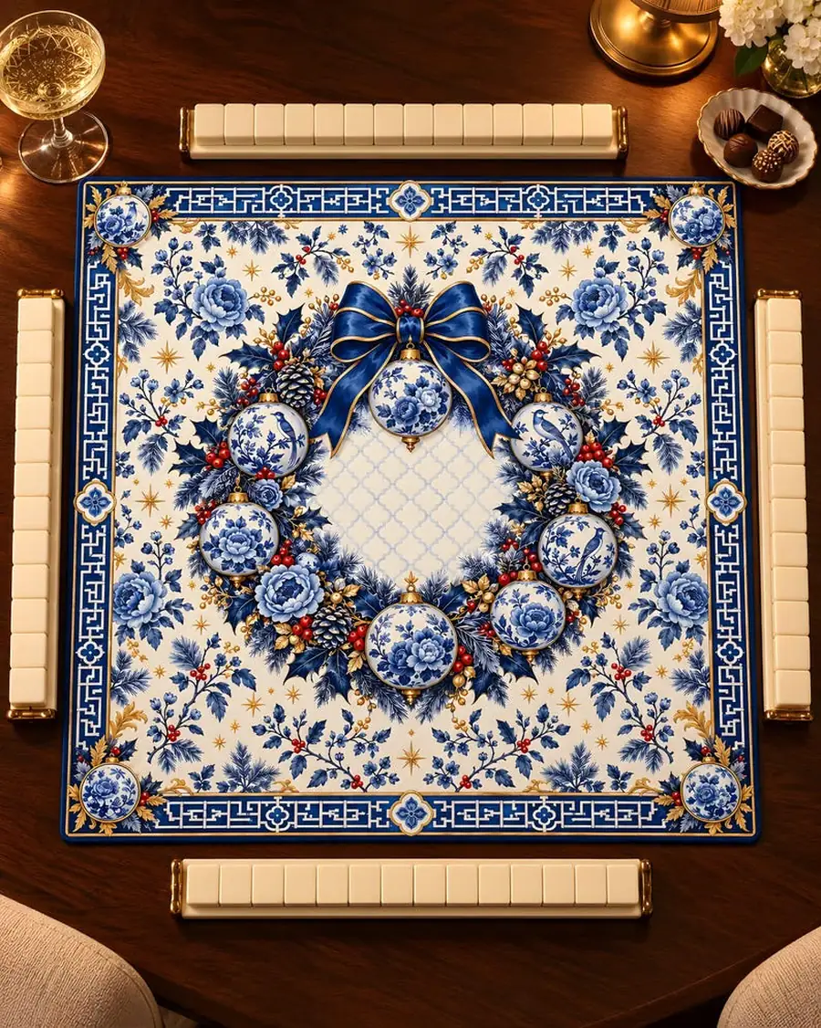 Blue and White Christmas Mahjong Mat, Chinoiserie Wreath and Ornaments, Personalized 31.5 or 20.9 Inch
