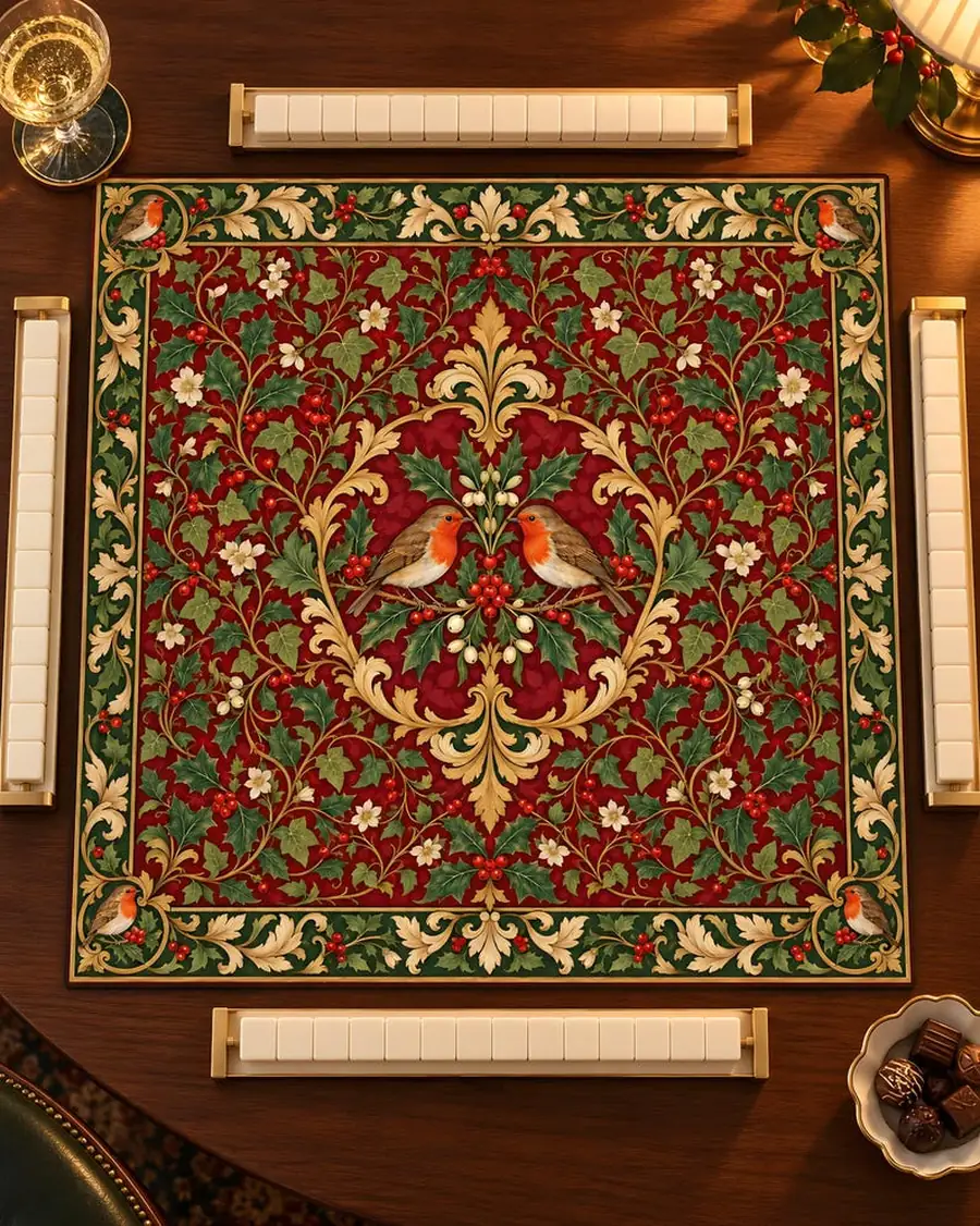 Christmas Mahjong Mat, Robin and Holly Victorian Pattern, Personalized 31.5 or 20.9 Inch