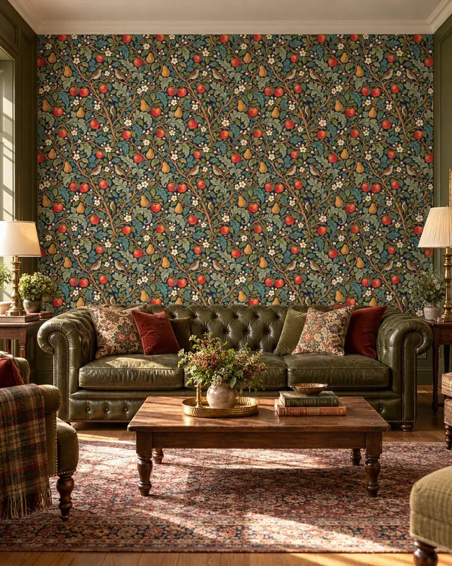 William Morris Style Wallpaper, Orchard Songbird, Arts and Crafts Apple and Pear, Peel and Stick