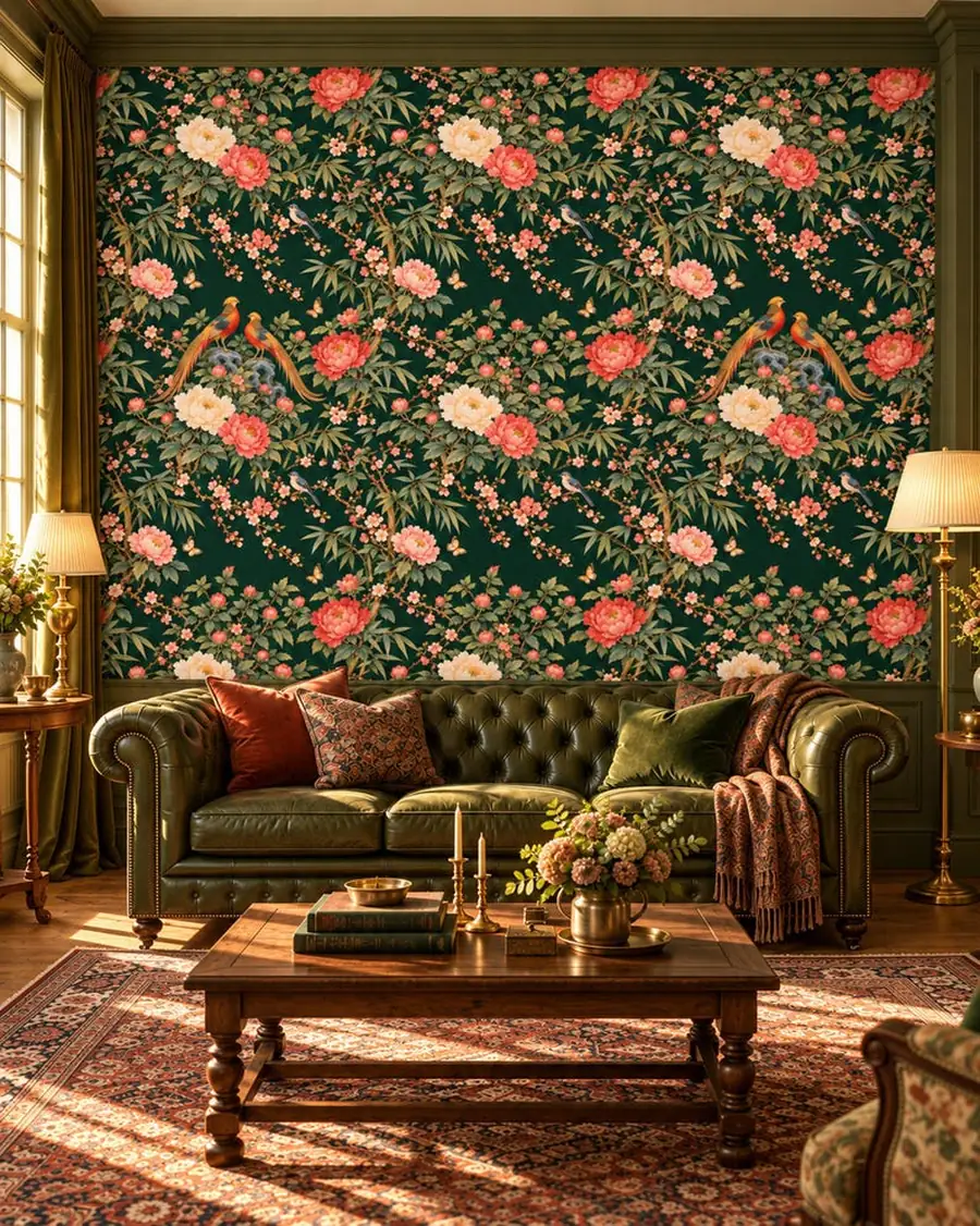 Chinoiserie Wallpaper, Golden Pheasant and Peony, Jade Green Hand-Painted Silk Look, Peel and Stick