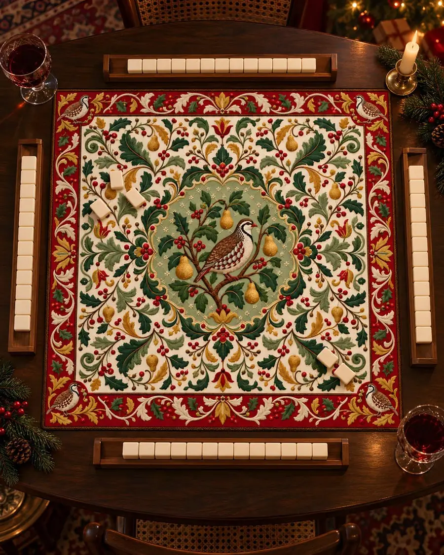 Christmas Mahjong Mat, Partridge in a Pear Tree, Embroidered Look, Personalized 31.5 or 20.9 Inch