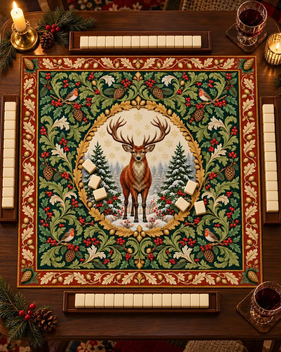 Christmas Mahjong Mat, Woodland Stag Tapestry Pattern, Personalized 31.5 or 20.9 Inch