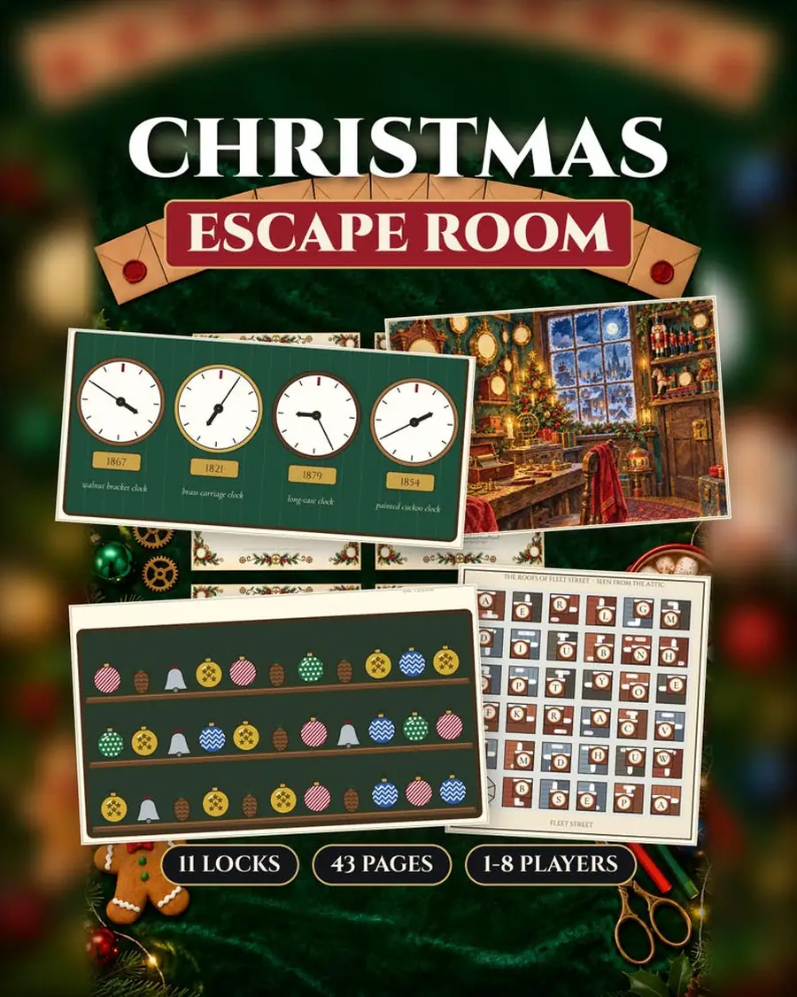 Christmas Escape Room Printable, Family Puzzle Game for Kids and Adults, 11 Locks, 43 Pages