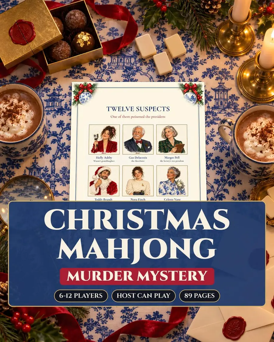 Christmas Mahjong Murder Mystery Party Game for 6-12 Players, Host Can Play, Printable PDF