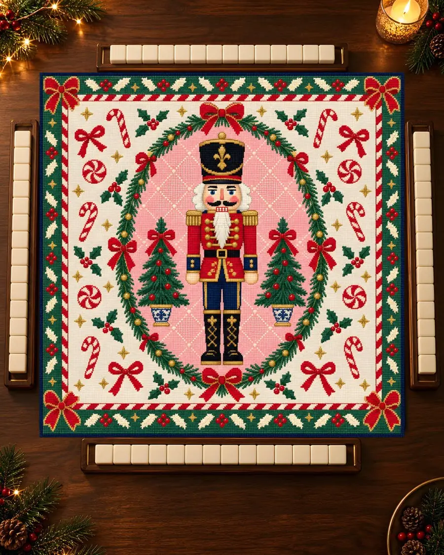 Christmas Mahjong Mat, Needlepoint Style Nutcracker and Candy Canes, Personalized 31.5 or 20.9 Inch