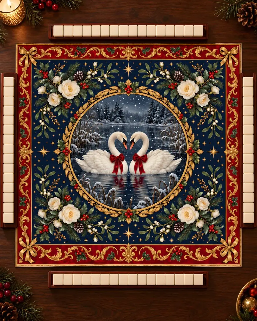 Christmas Mahjong Mat, Victorian Swans on a Snowy Lake, Personalized 31.5 or 20.9 Inch