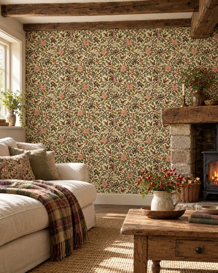 Cottagecore Wallpaper, English Hedgerow with Wrens, Dog-Roses and Blackberries, Peel and Stick or Traditional