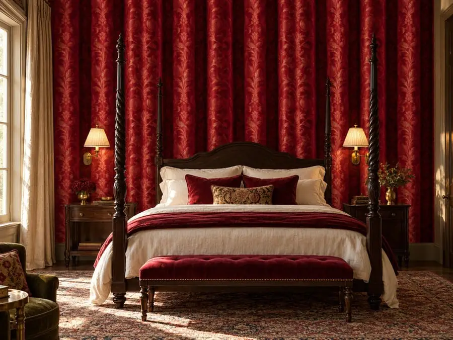 Velvet Drapery Wallpaper, Claret Red Trompe L'oeil Curtain Pattern, Peel and Stick or Traditional