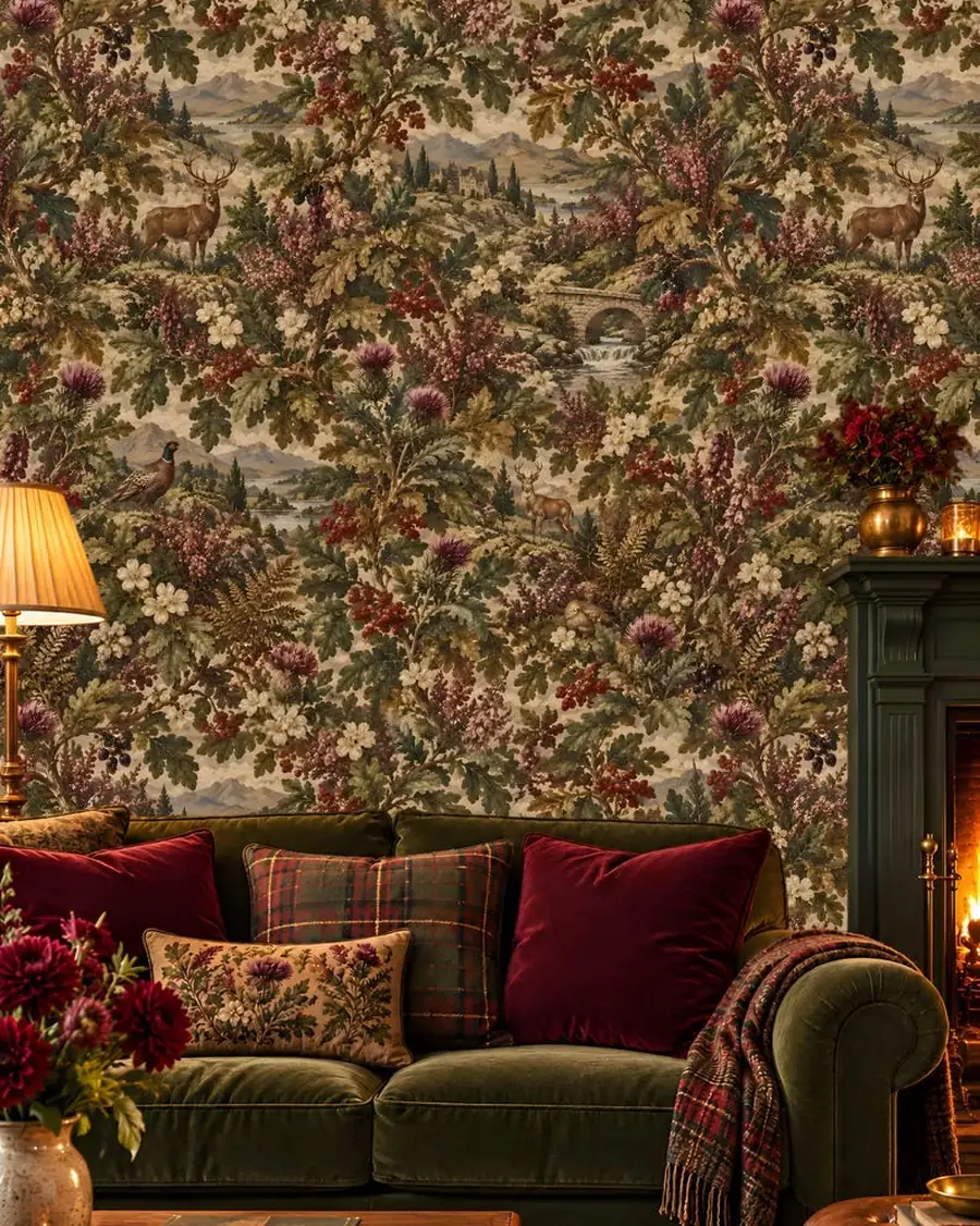 Scottish Highland Wallpaper, Stag, Thistle and Heather Tapestry, Loch Scenes, Peel and Stick or Traditional