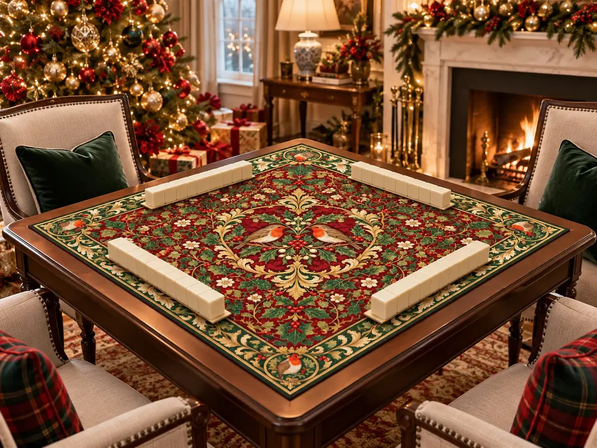 AI lifestyle mockup: the Holly and Robin mahjong mat on a card table in a living room decorated for Christmas.