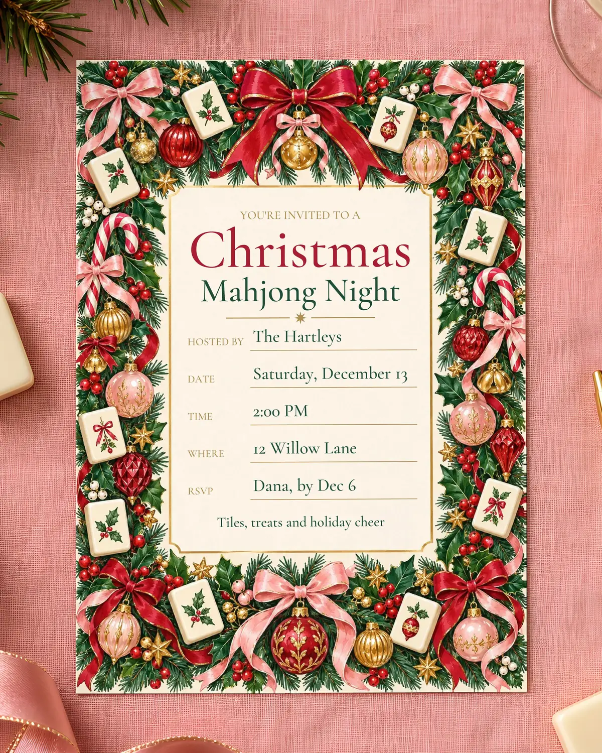 AI lifestyle mockup: a filled-in Christmas Mahjong Night invitation with an illustrated ornament and bow border on pink linen.