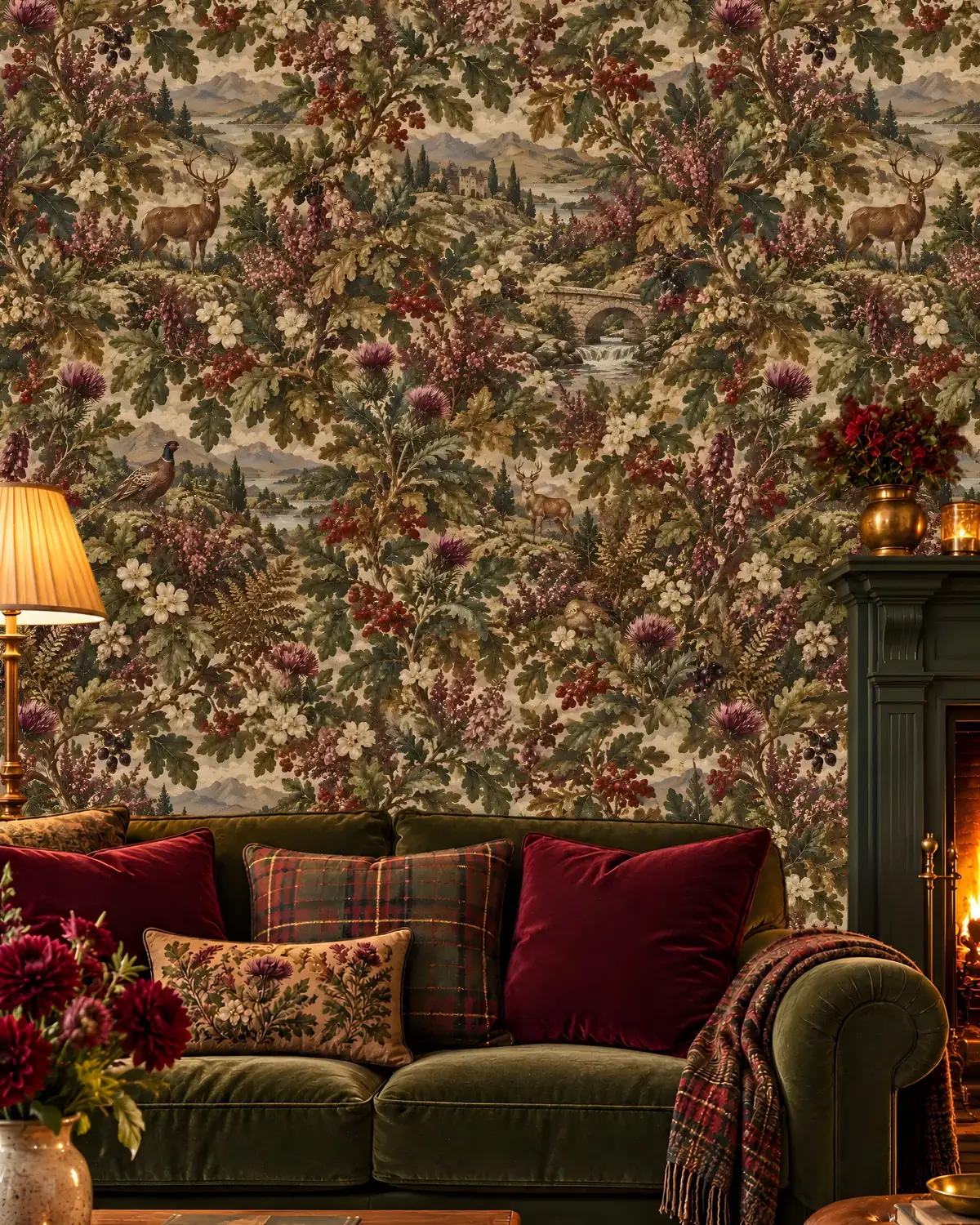 Scottish country-house living room with an olive velvet sofa, claret and tartan cushions and a lit fireplace below stag, loch and thistle tapestry wallpaper; digital visualization
