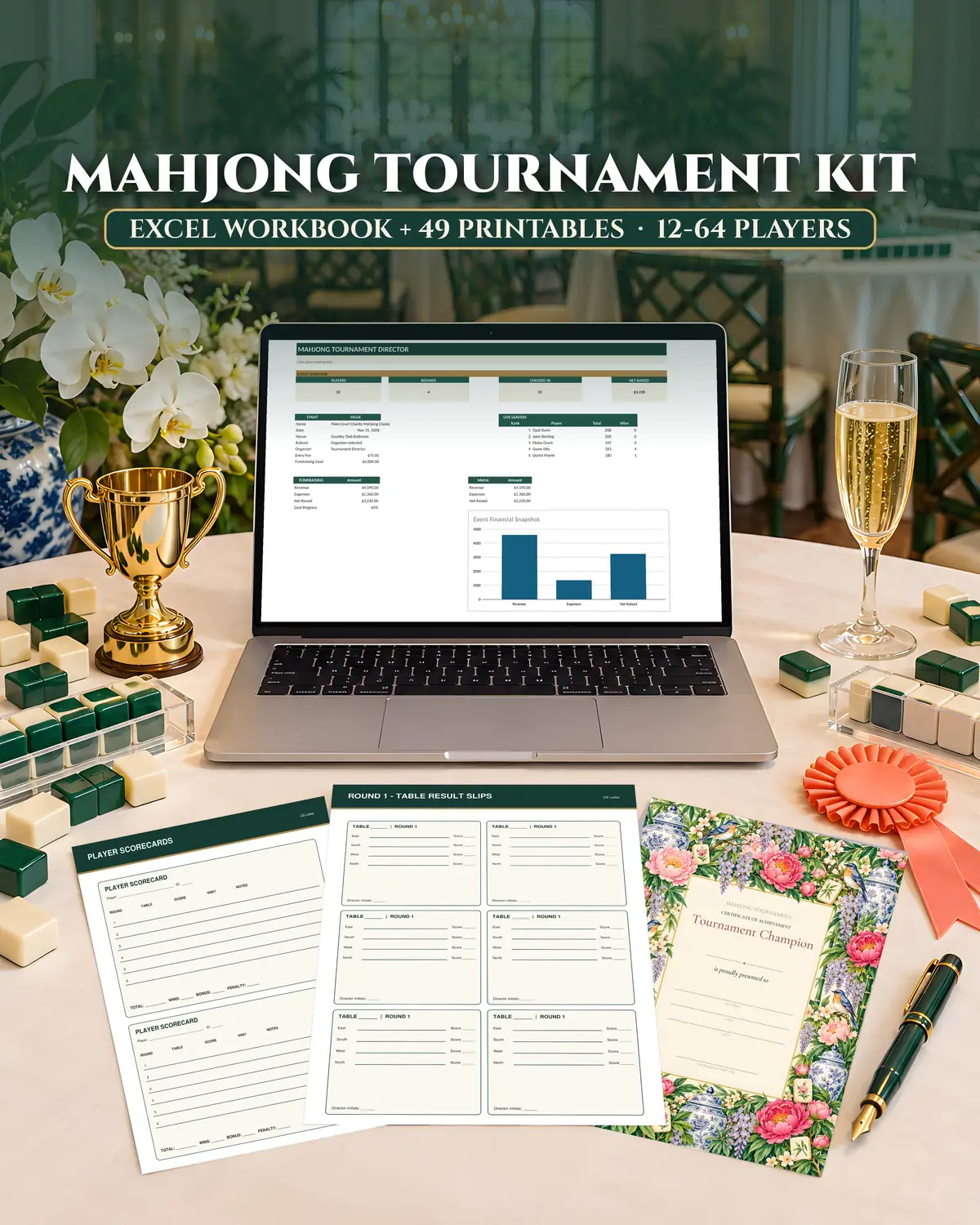Mahjong tournament kit on a country club table: laptop showing the tournament dashboard with players, rounds, live leaders and money raised, and printed scorecards, round result slips and a champion certificate