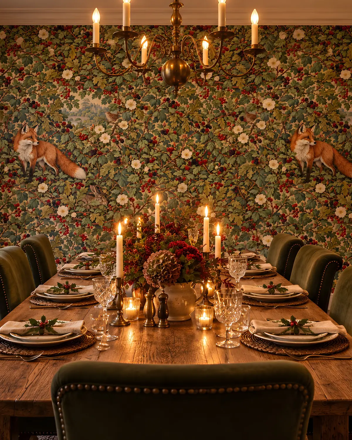 Candlelit dining room papered in Fox & Bramble Verdure, two foxes at eye level; digital visualization