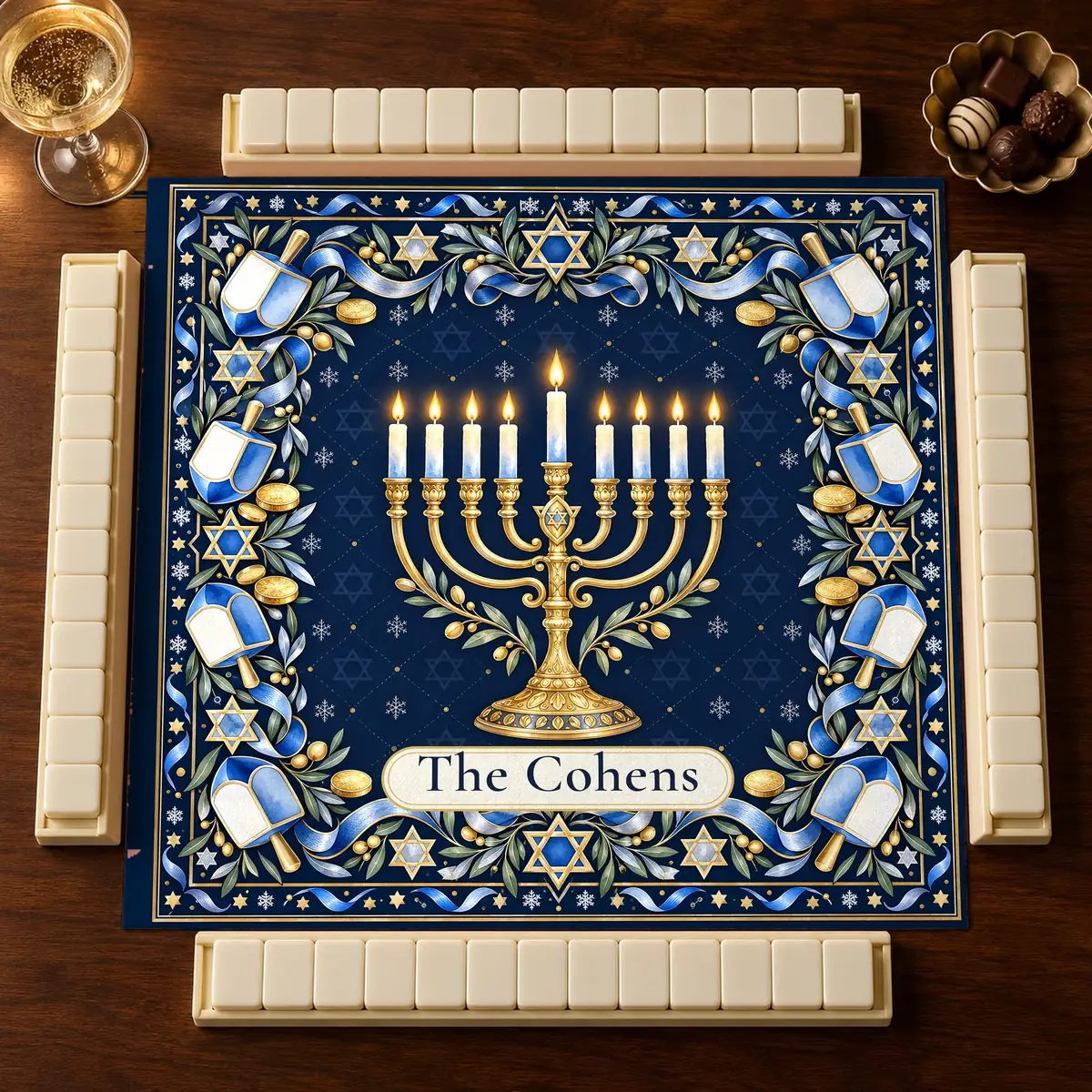 AI lifestyle mockup: Hanukkah Winter mahjong mat personalized 'The Cohens' on a walnut card table with tile racks, blank tiles, champagne and chocolates.