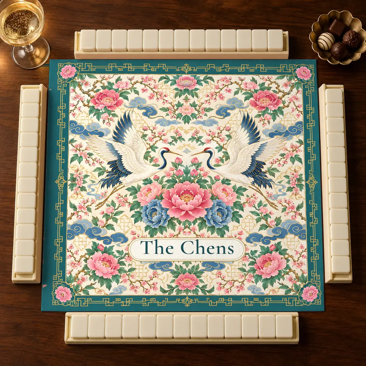 AI lifestyle mockup: Patina Chinoiserie mahjong mat personalized 'The Chens' on a walnut card table with tile racks, blank tiles, champagne and chocolates.